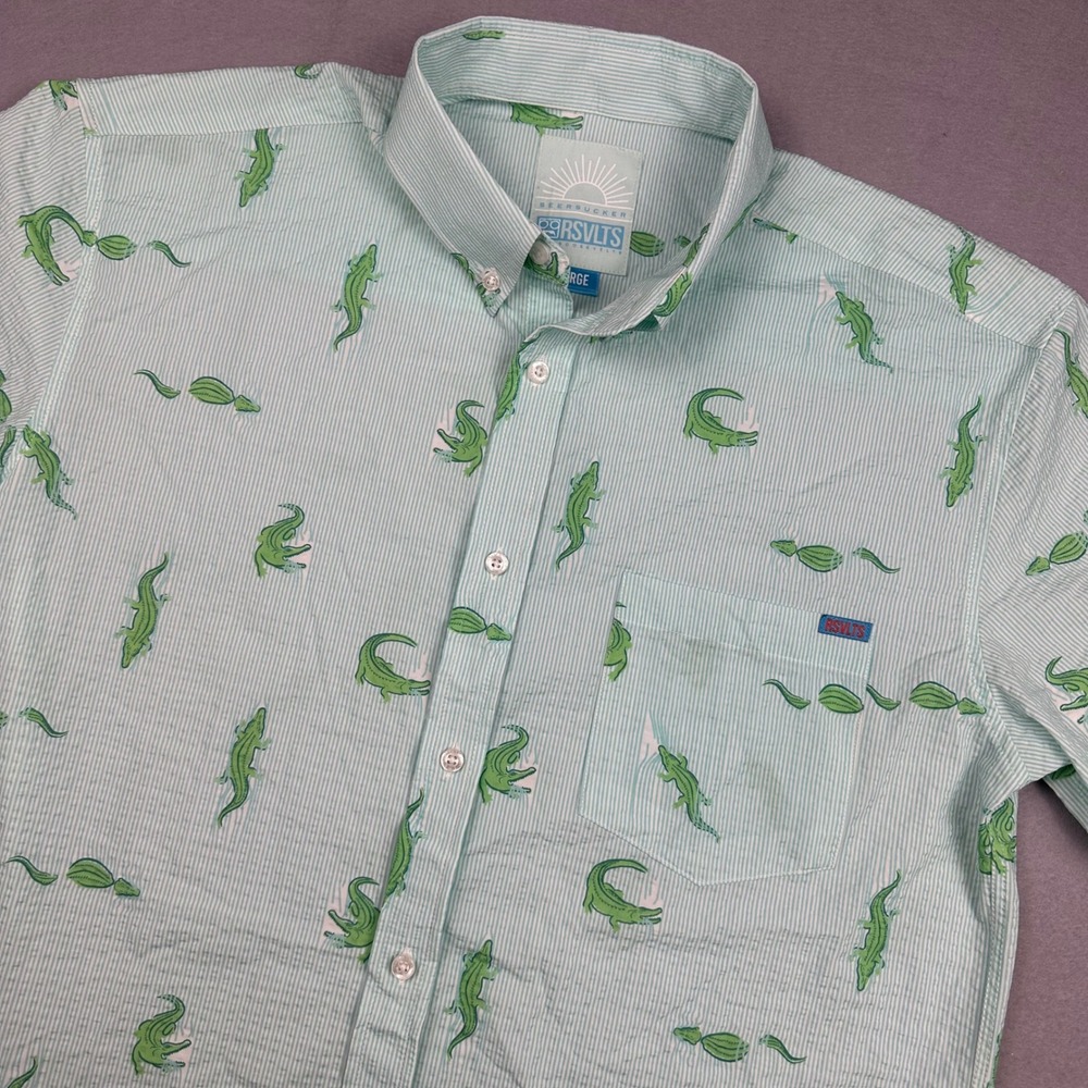 RSVLTS Alligator Seersucker Button Down Shirt Mens Large Green White Stripe SS